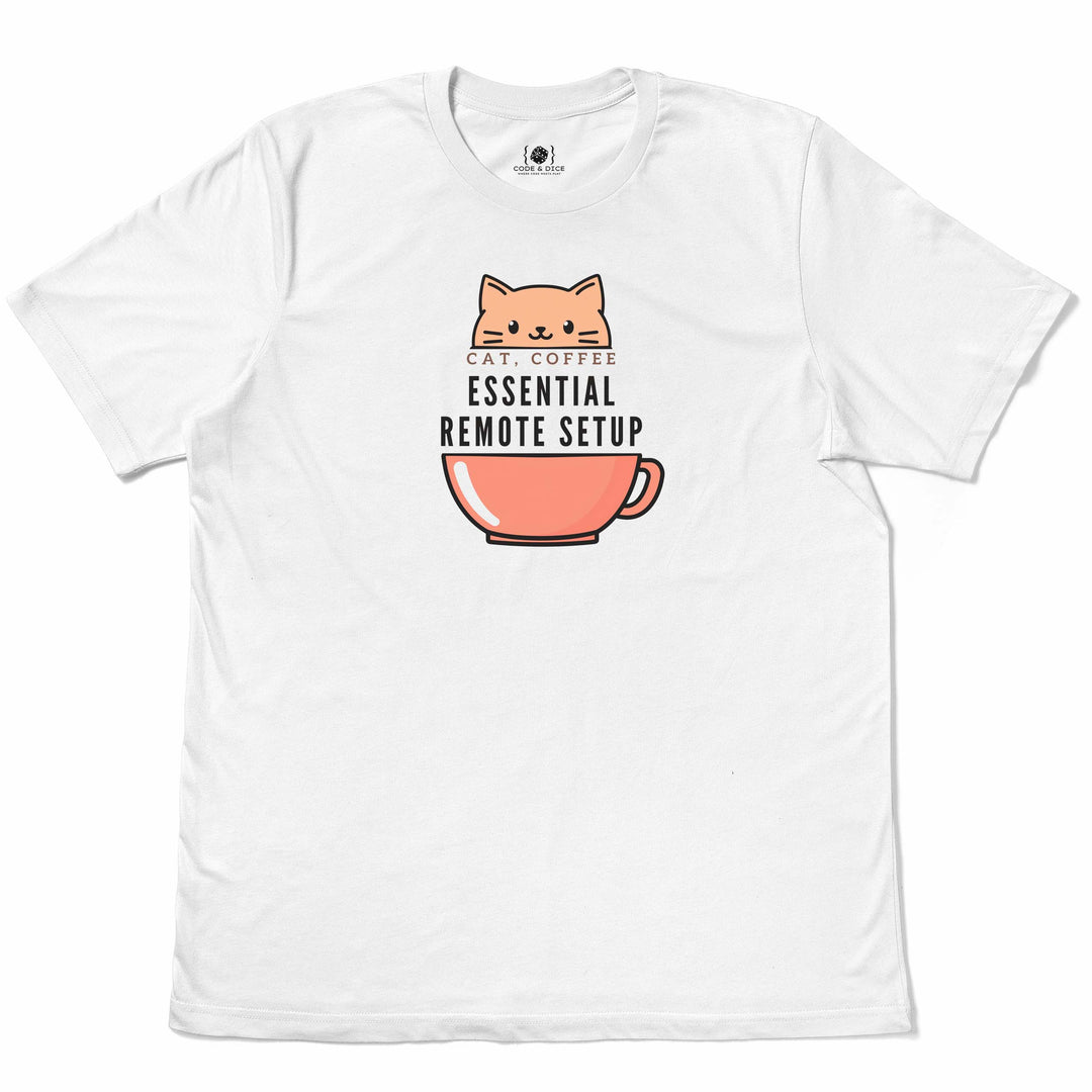 Cat, Coffee, Code – Essential Remote Setup t-shirt